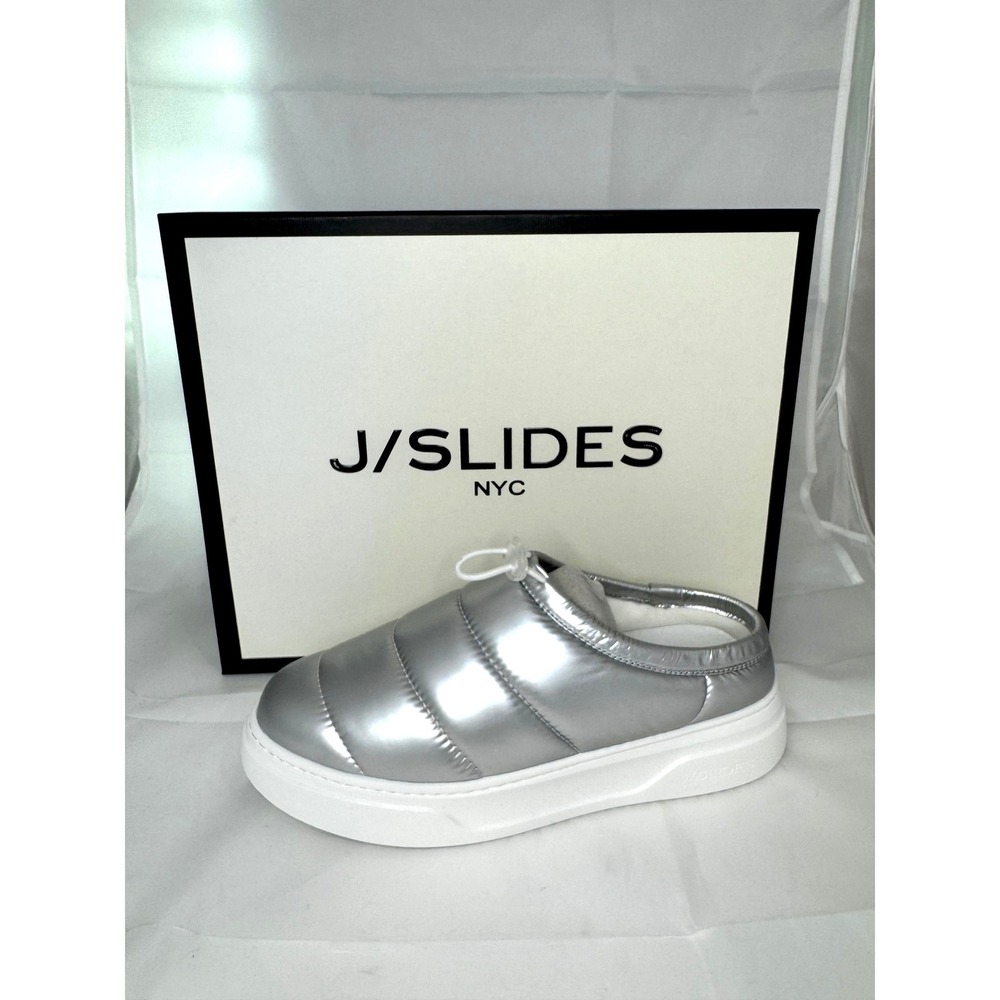 J/Slides NYC Coco Silver Nylon Puffer Mules Platform Slides Women 7M NIB